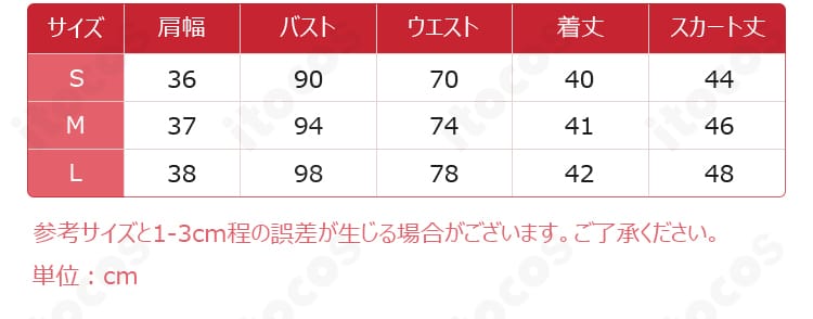 コスプレ衣装のサイズ表と採寸ガイド（S・M・L表示）