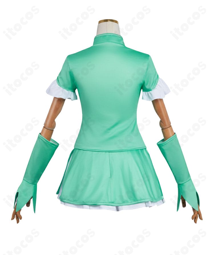 メダリスト 結束いのり 競技ドレスの背面全体写真。後ろ開きの留め具とスカートのドレープを確認できる