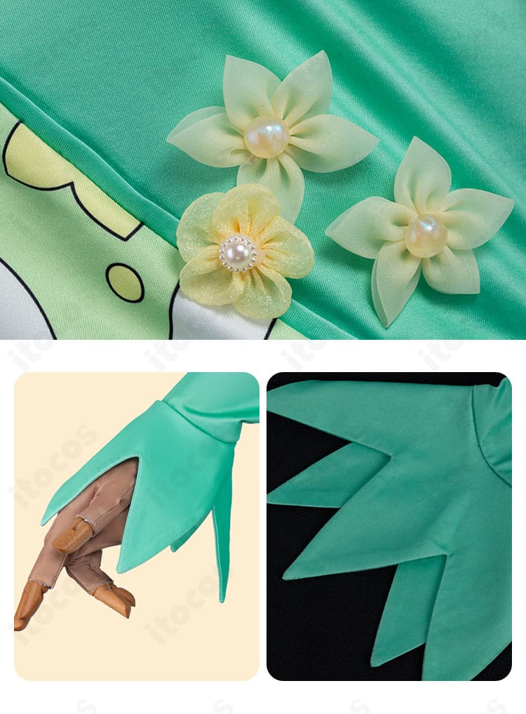 スカート裾の花装飾と袖口の装飾ディテール。立体感と配色のバランスを示す近接写真