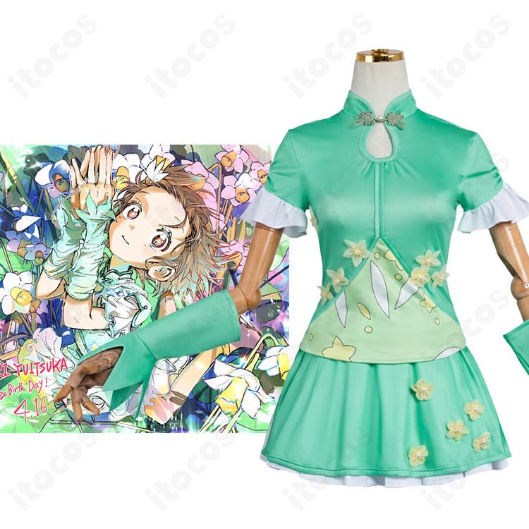 結束いのり 競技ドレスの着用イメージとキャラクタービジュアル比較。清楚な花装飾と軽やかなシルエットが分かる全身カット