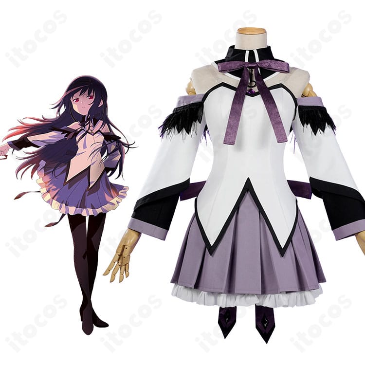 暁美ほむら コスプレ衣装一式とキャラクタービジュアルの比較イメージ