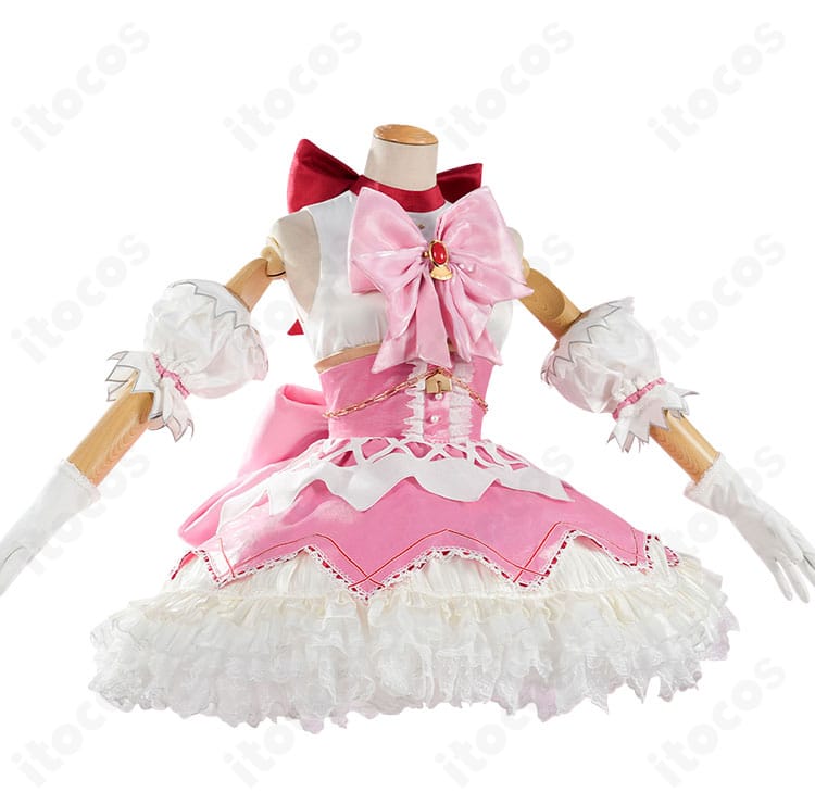 鹿目まどか コスプレ衣装の正面全体。白×ピンク配色と胸元リボン、シルエットが分かる商品写真