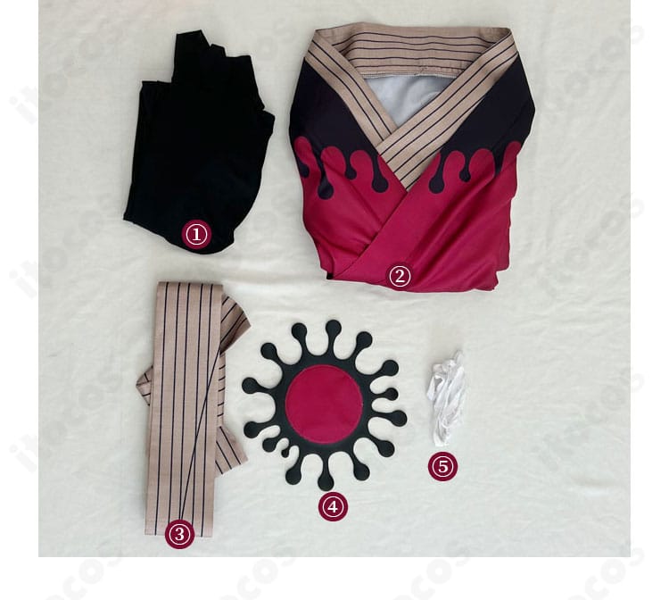 鬼滅の刃 童磨 教祖着物コスプレ衣装のフルセット一式。和服・インナー・帯・髪飾りを並べて表示