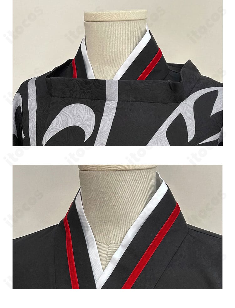 鬼滅の刃 無惨様 平安時代コスプレ衣装の領口装飾アップ。端正な切り替えと上品な仕上がりを示すディテール写真。