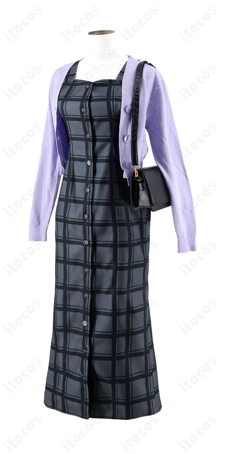 プロジェクトセカイ 朝比奈まふゆ クリエイターズフェスタ2025衣装 正面全体。ワンピース・インナー・コートの3点構成とディテールが分かる角度。