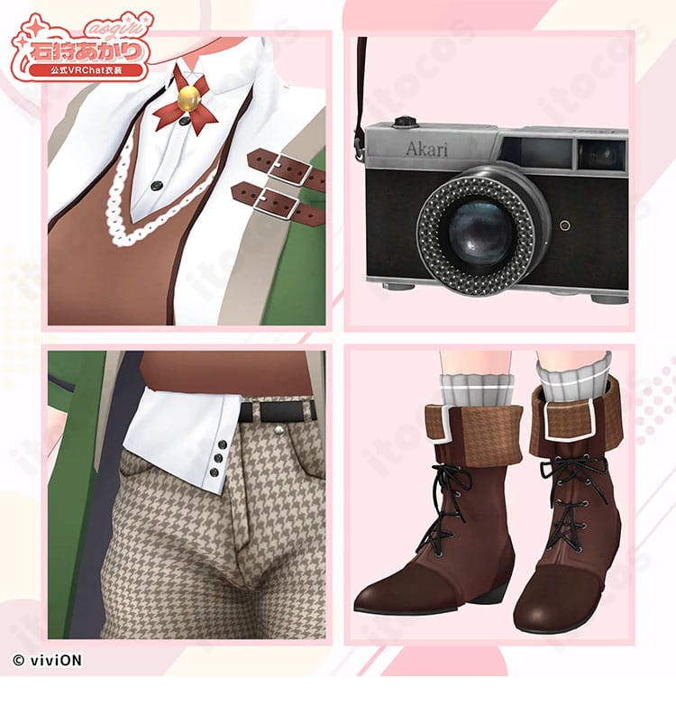 石狩あかりコスプレの装飾ディテール。胸元リボン、ウエストベルト、帽子、手袋など小物の質感と配置を忠実に表現