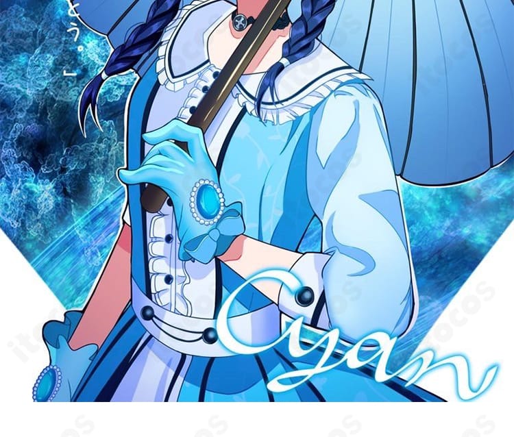 舞台『魔法使いの約束』シアンのステージ衣装コスプレを着用した全身イメージ写真。高コントラスト配色と装飾の質感がわかる構図。