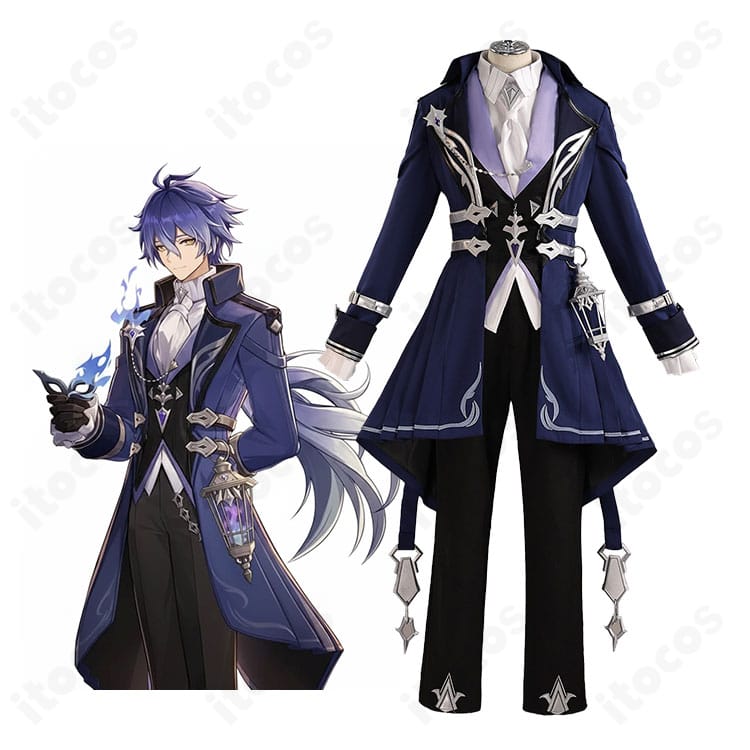 人物着用の原神 フェス衣装（ライトキーパー風）。紳士風コートとスカーフでクールに再現した全身イメージ。