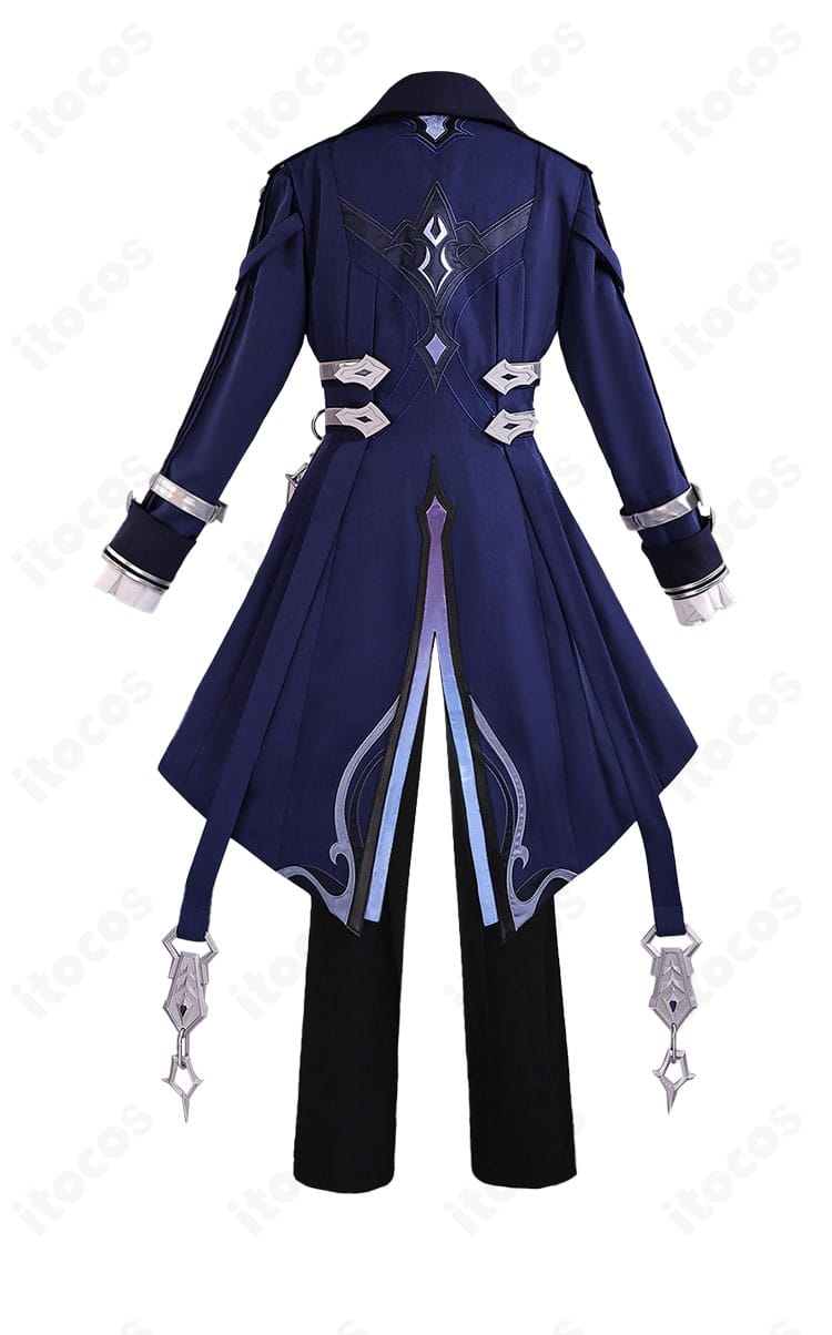 原神 フェス衣装（ライトキーパー風）の背面。ロングコートのラインと配色切り替え、裾のシルエットを確認。