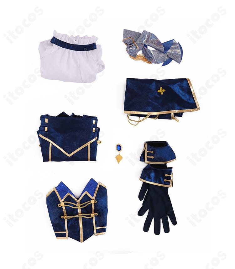 にじさんじ 先斗寧 共通衣装 コスプレのセット内容一覧。トップス・インナー・ショートパンツ・マント・太もも飾り・手袋・襟飾りを並べた画像