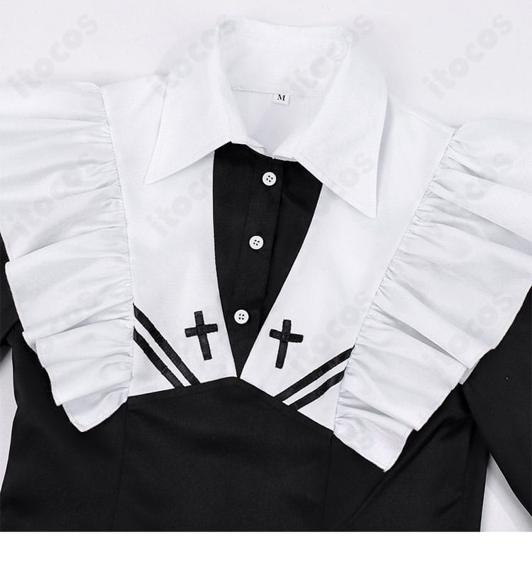 幽鬼 メイド服コスプレの襟元ディテール。清楚感を引き立てる装飾とステッチの仕上がりが分かるアップ。