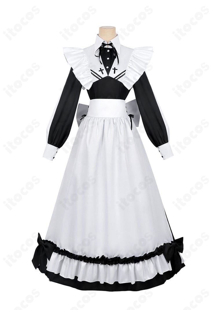 「死亡遊戯で飯を食う。」幽鬼 メイド服コスプレの正面全体。襟元から裾までのシルエットと配色を確認できる角度。