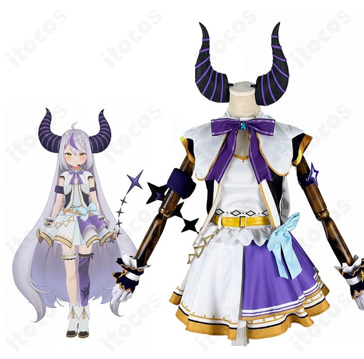 ホロライブ ラプラス・ダークネスのアイドル衣装を着用した全身イメージ。配色と装飾のバランスが分かる一枚。