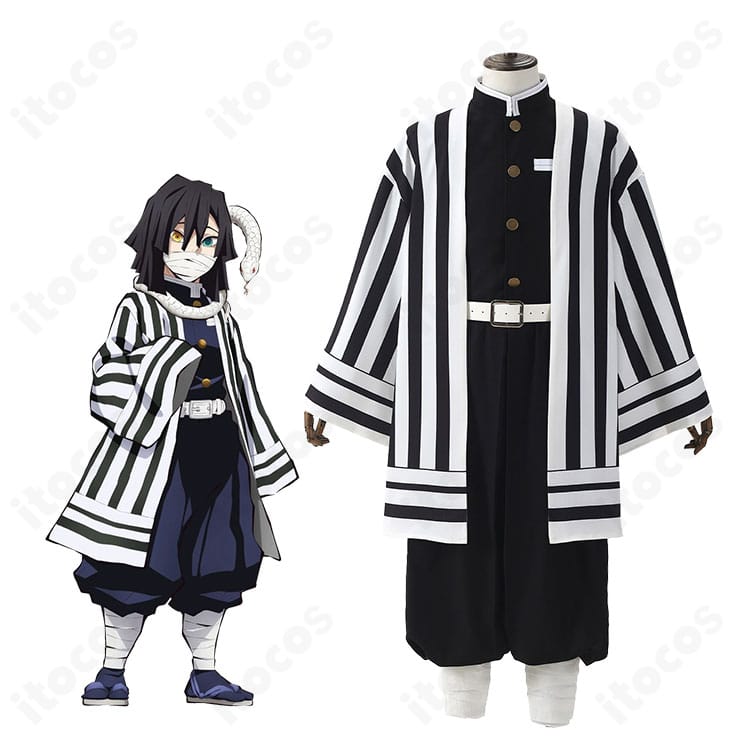 鬼滅の刃 伊黒小芭内 蛇柱 隊服コスプレの全身着用イメージ。羽織と隊服のバランスをモデルが着用で再現