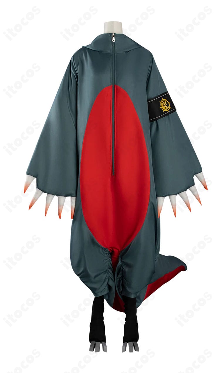 ガチアクタ ギータ コスプレ衣装の正面全体。高コントラスト配色と門襟ジッパー装飾が見える