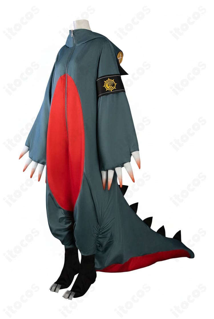 ガチアクタ ギータ 怪獣風コスチュームの側面シルエット。フードの角と長い尻尾の立体感を強調