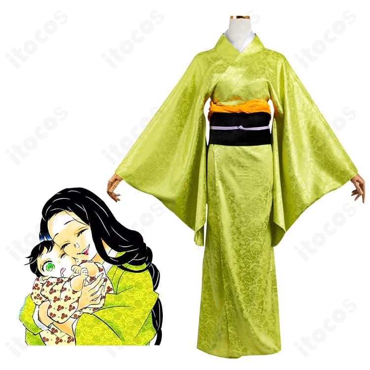 鬼滅の刃 嘴平琴葉の山里の着物姿コスプレ衣装・全身。やさしい配色と和装の柔らかなシルエットを再現