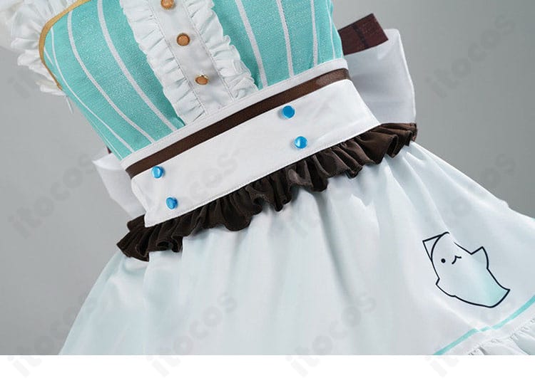 ミント・ファントーム メイド服のウエスト装飾。細見え効果のある切り替えとエプロンライン