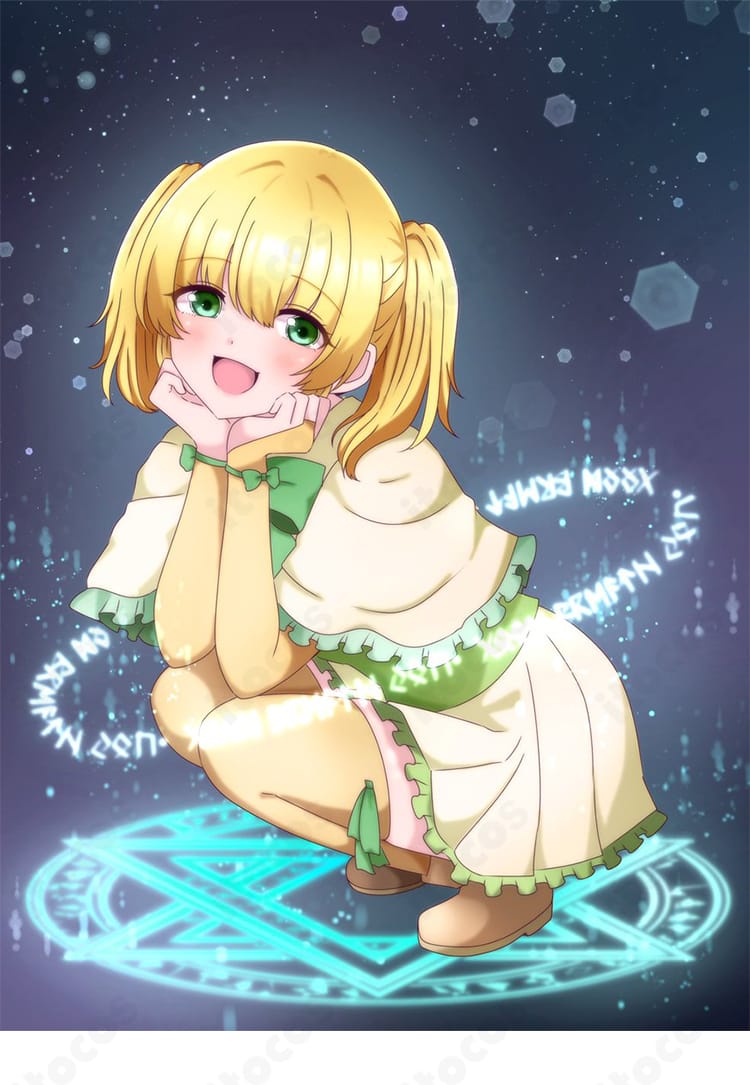 悠久幻想曲 マリア・ショート コスプレ衣装（リバイバル版）のしゃがみポーズ。柔らかな表情と可憐なシルエットが伝わるディテール重視の一枚