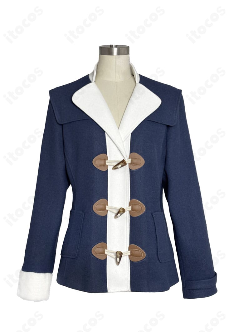 ユキノビジン 勝負服コートの正面。配色と前開きシルエットを忠実に再現し、端正な印象を強調。