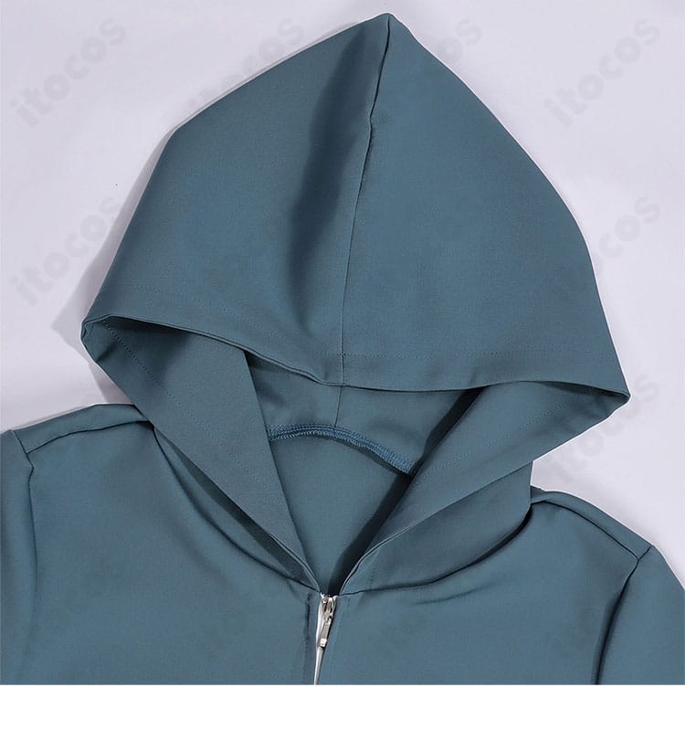 酒寄彩葉コスプレのフード装飾ディテール。フードの形状と縁の仕立てでキャラクター性を演出。