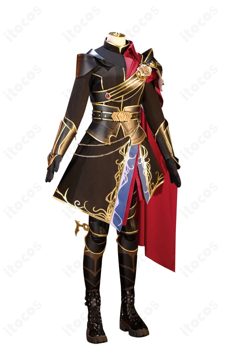 青柳冬弥 シュヴァリエ・ノワールの正面全体。マント、胸ベルト、胸元アーマーの構成と配色が分かる画像。