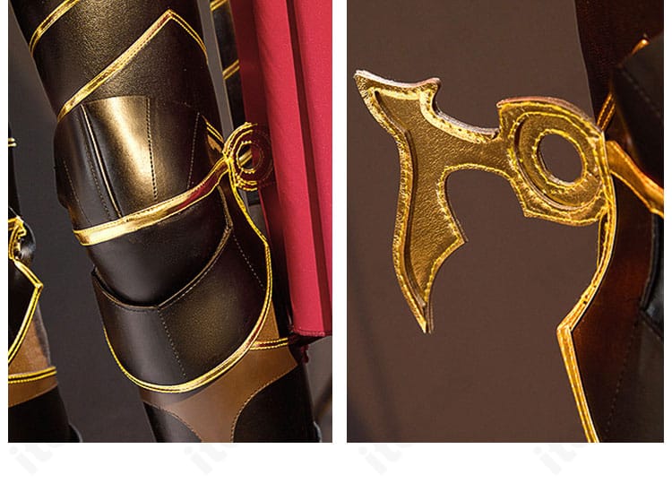 足鎧のディテール。すね当てとニーパッドの意匠、装着位置とボリューム感を示す画像。