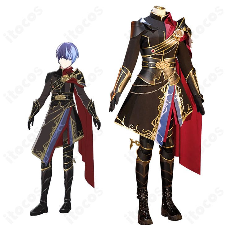 プロセカの青柳冬弥 シュヴァリエ・ノワール衣装を全身着用したイメージ。黒基調のマントとアーマーが映える雰囲気写真。