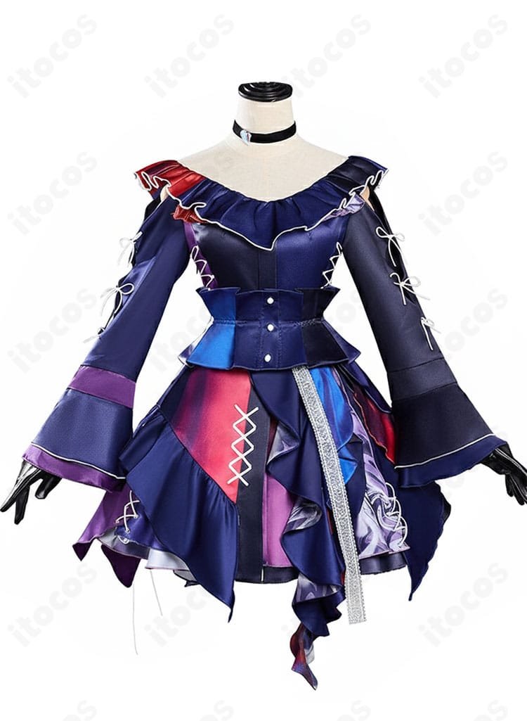 暁山瑞希 Knitting Colors コスプレの正面全体。ワンピースのシルエットと胸元ディテールを強調。