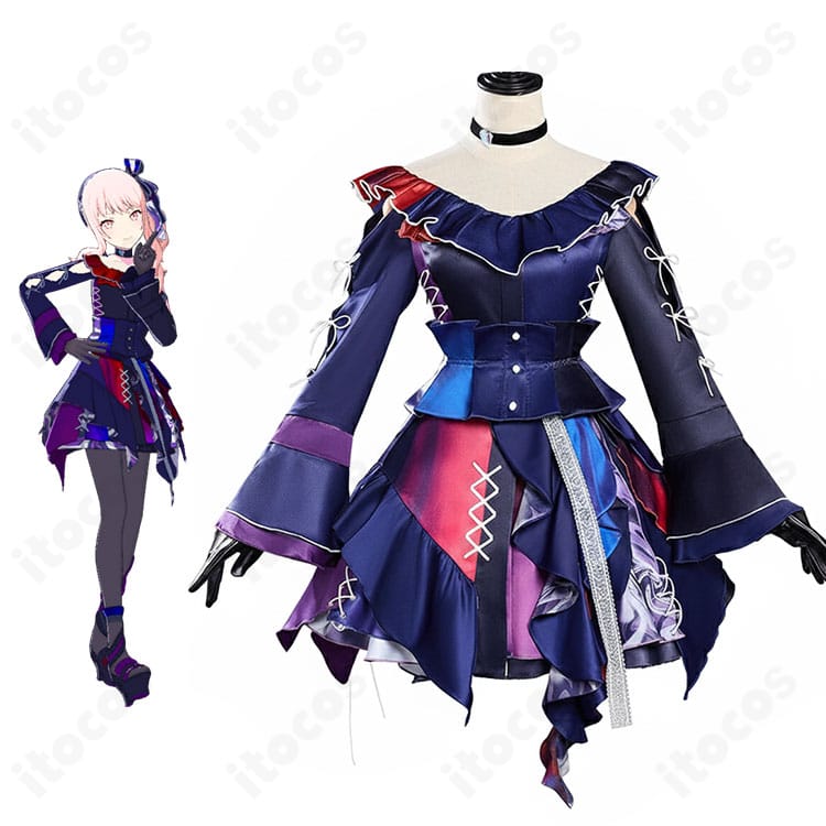 モデル着用の暁山瑞希 Knitting Colors コスプレ一式。ワンピースとコルセット、髪飾りのバランスが分かる全身正面。