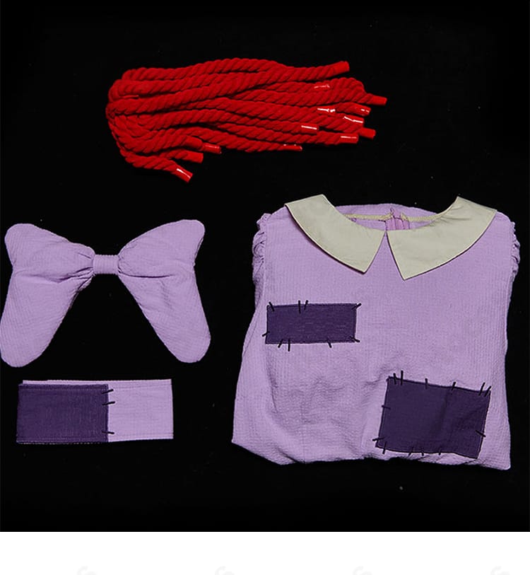 セット内容の平置き一式。ワンピース・帯・髪飾りの3点セットがひと目で分かる確認用画像。