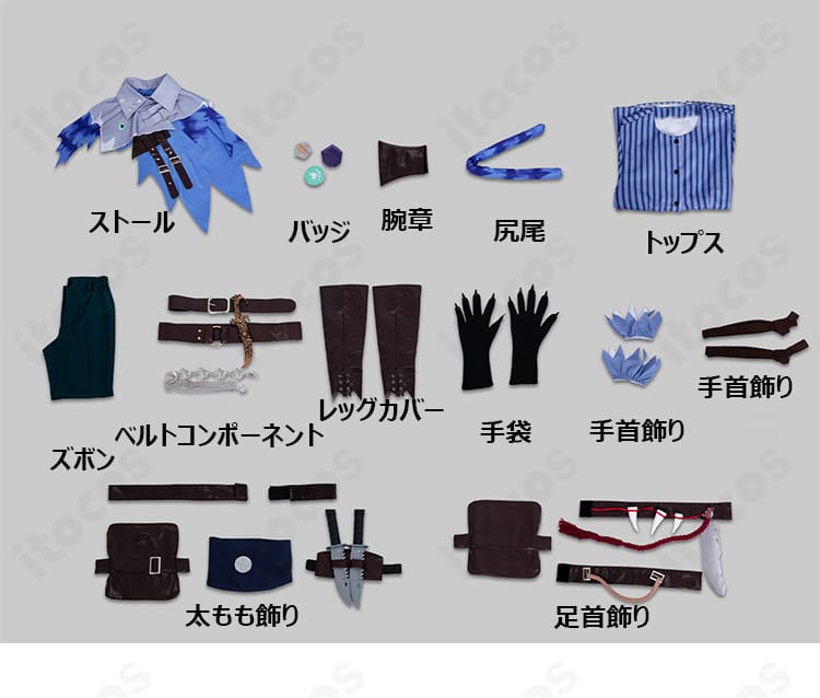 セット内容一覧：トップス、ズボン、ストール、バッジ、腕章、ベルトコンポーネント、レッグカバー、手袋、手首飾り、太もも飾り、足首飾り、尻尾の12点。