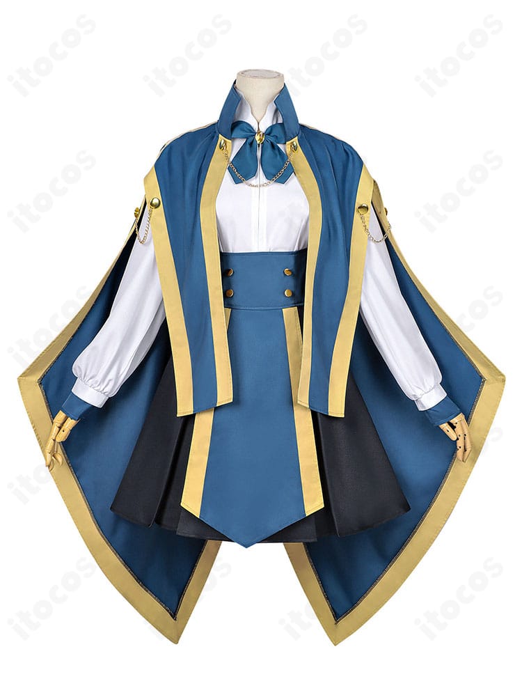 ジェニエ・コース 学園制服フルセットの正面全体。マント・シャツ・スカート・帽子・スカーフの着用イメージ