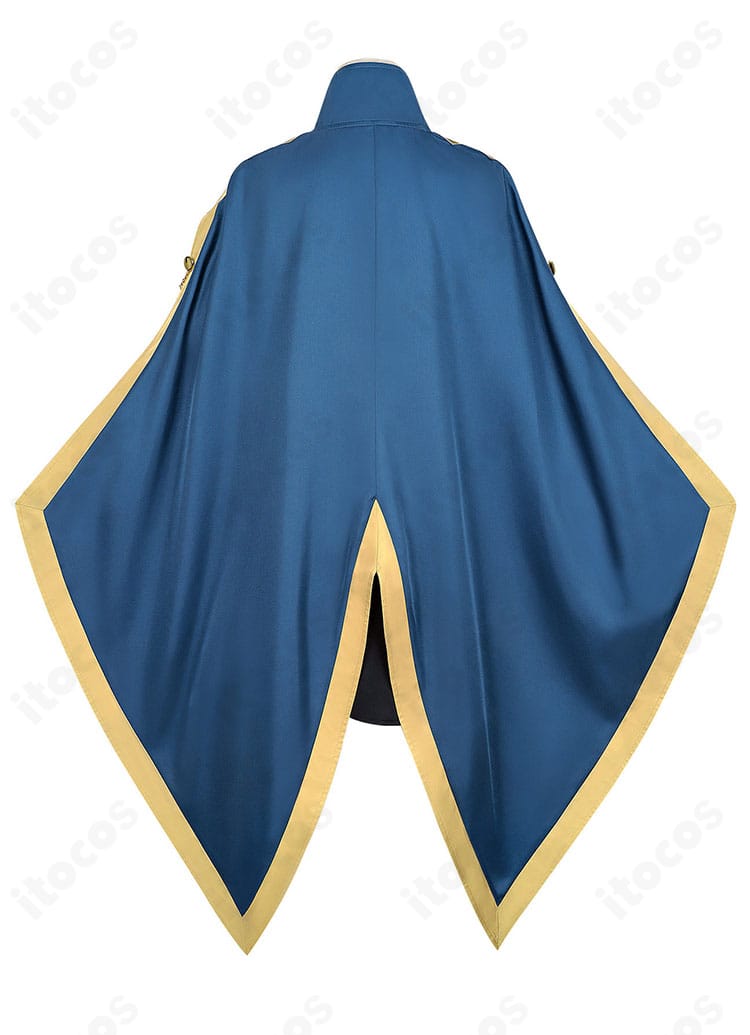 ジェニエ・コース 衣装の背面。マントのシルエットと丈感、背面の自然なドレープを強調