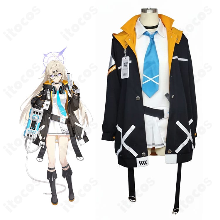 モデル着用のブルーアーカイブ 音瀬コタマ学園制服コスプレ一式。白×黒×ブルーの高コントラストとコートの直線的なラインが分かる全身カット。