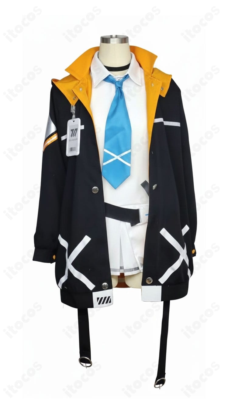 正面から見た音瀬コタマの学園制服。コート、インナー、ネクタイ、プリーツスカートの配色バランスとシルエットを確認できる写真。