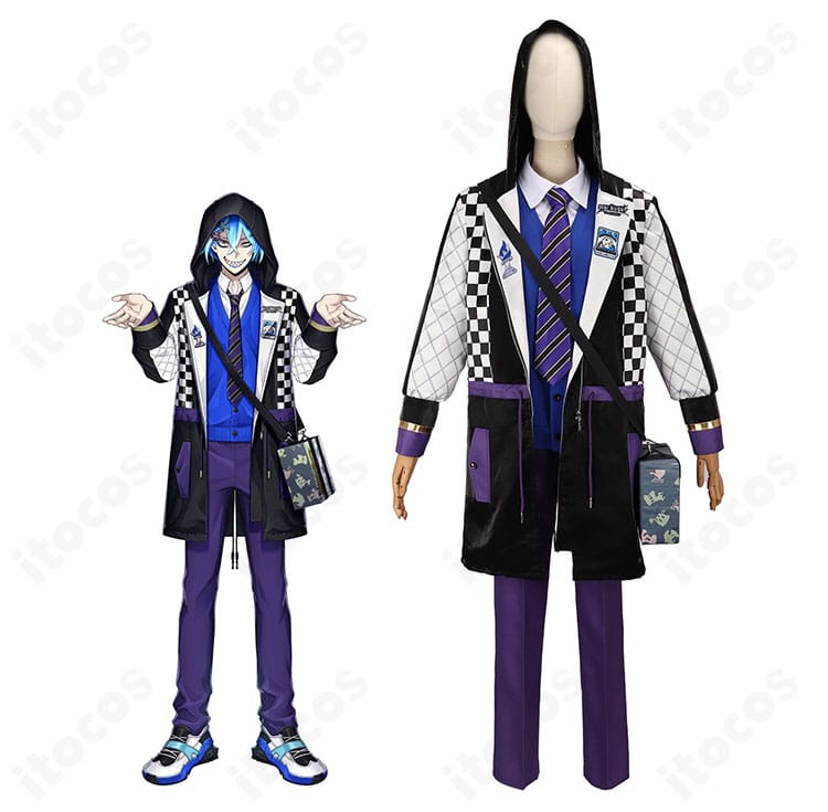 モデル着用のイデア・シュラウド ボードゲーム部クラブ・ウェア一式。ロングコート、シャツ、トップス、ズボン、ネクタイの全身コーデが分かる正面カット