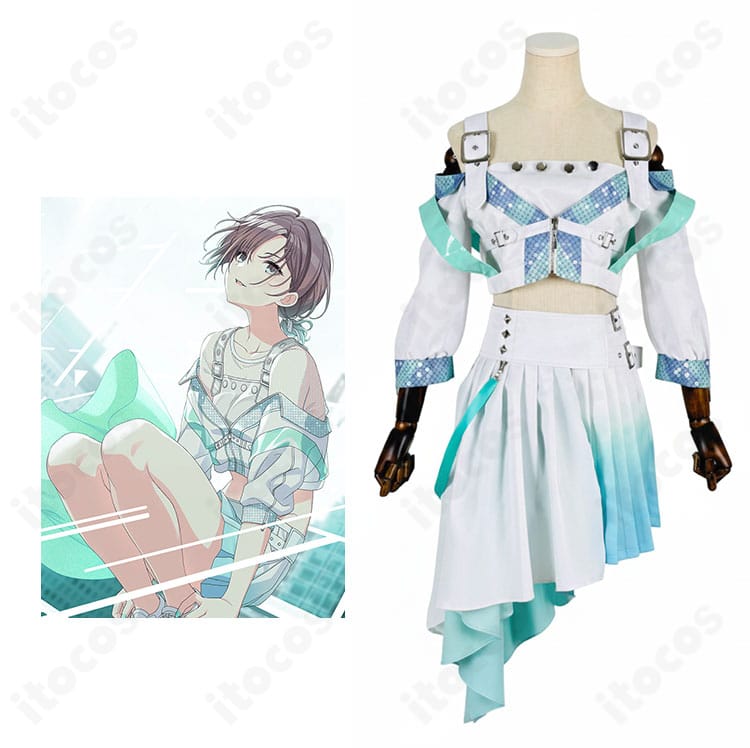 浅倉透のコスプレ衣装を着用したモデルの全身。トップスとスカート、コルセットベルトと腰飾りのトータルバランスが分かる写真