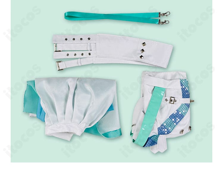 浅倉透 コスプレ衣装のセット内容。トップス・スカート・コルセットベルト・腰飾りの4点が並ぶ確認画像