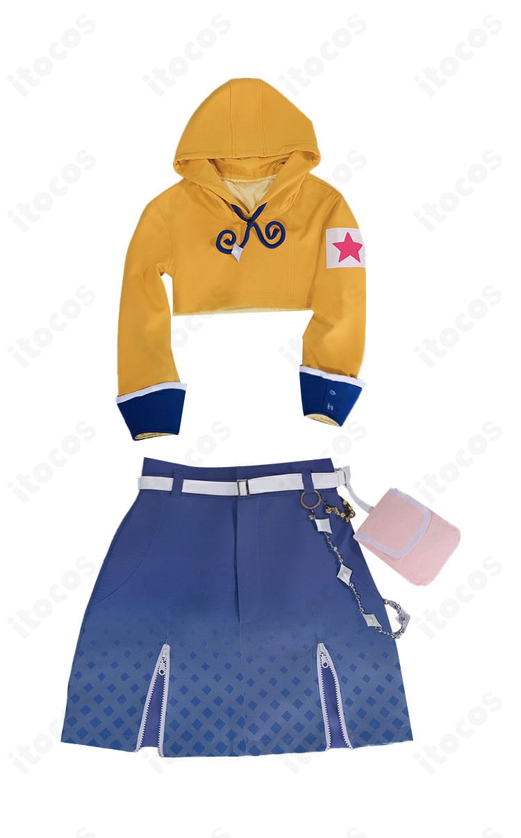 小豆沢こはね めめっち風ぐるぐるスタイルのコスプレ衣装・正面全体。トップス、スカート、ベルト、腰飾りの配置と配色。