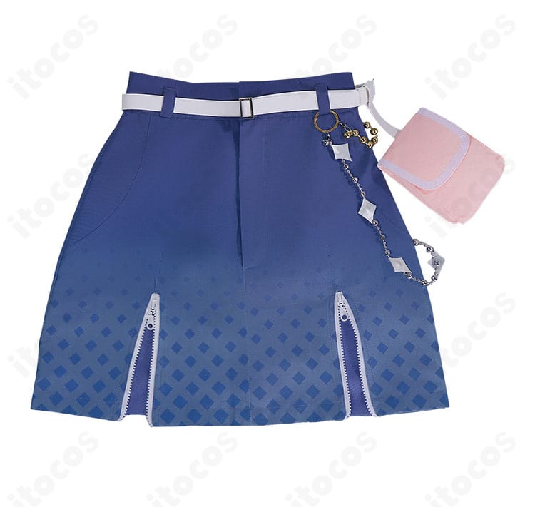 スカート装飾の細部アップ。ぐるぐるモチーフを意識した装飾と高コントラスト配色、縁取りの仕上げが見える画像。