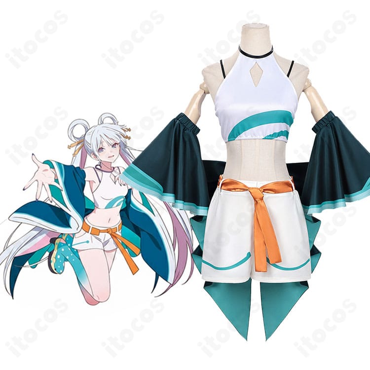 ITOCOS 月見ヤチヨ 超かぐや姫 和装コスプレをモデルが着用した全身イメージ。薄手で通気、帯と背部リボンの存在感が映える。