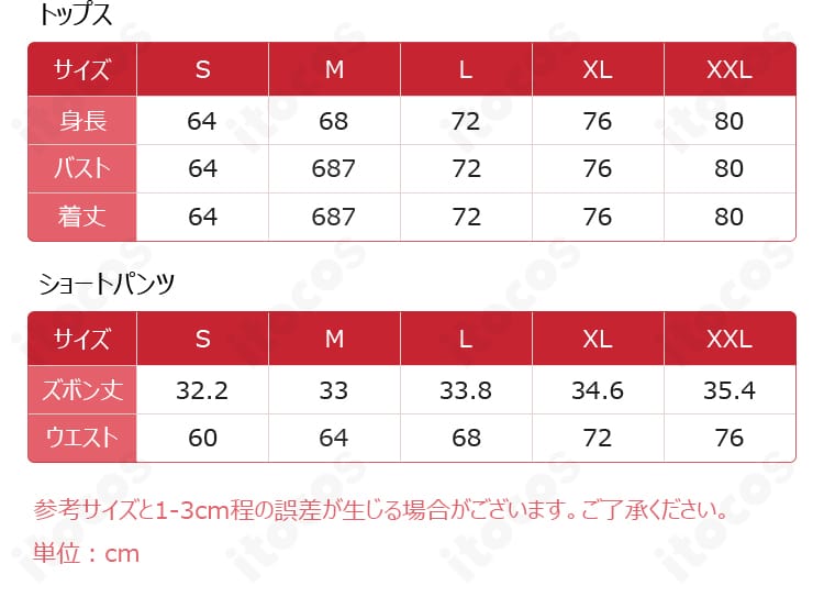 ITOCOS 月見ヤチヨ 和装コスプレのサイズ表。S〜XXLの寸法目安と選び方の参考用画像。