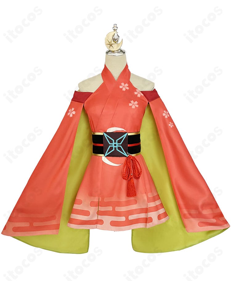 かぐや姫コスプレ衣装 正面：ワンピースとコルセットベルトのシルエット