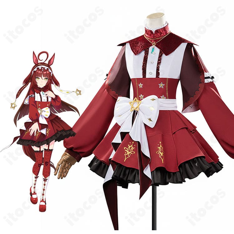 モデル着用のレッドディザイア勝負服コスプレ一式。ワンピースに付け襟・腰リボン・ネックレスを合わせた全身フロントのコーディネート。