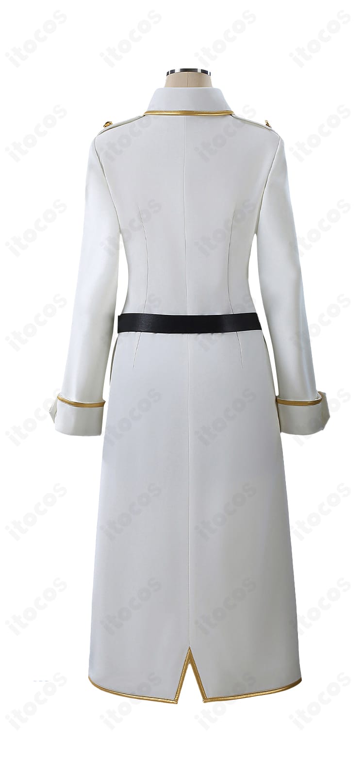 今井信女 見廻組副長 制服コスプレの背面ビュー。コート後ろ姿の裾ラインと背中心の構造が見える画像