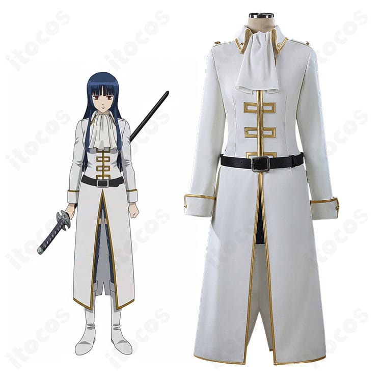 銀魂 今井信女 見廻組副長 制服コスプレをモデルが着用した全身写真。ロングコートとショートパンツのバランスが分かる正装イメージ