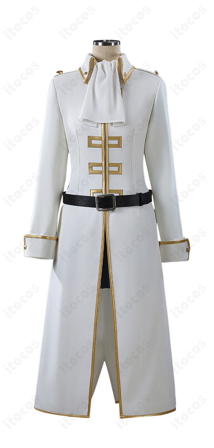 今井信女 見廻組副長 制服コスプレの正面シルエット。コート・ショートパンツ・白スカーフの構成と配色が確認できる画像