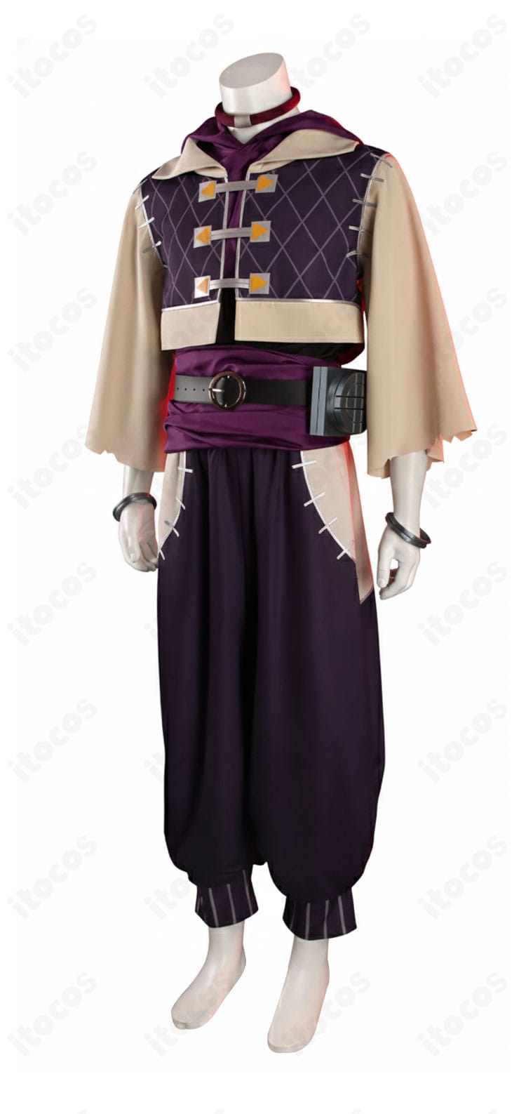 ガチアクタ ジャバー・ウォンガー コスプレ衣装の側面。ロングコートのシルエットと腰布の落ち感を示すディスプレイ