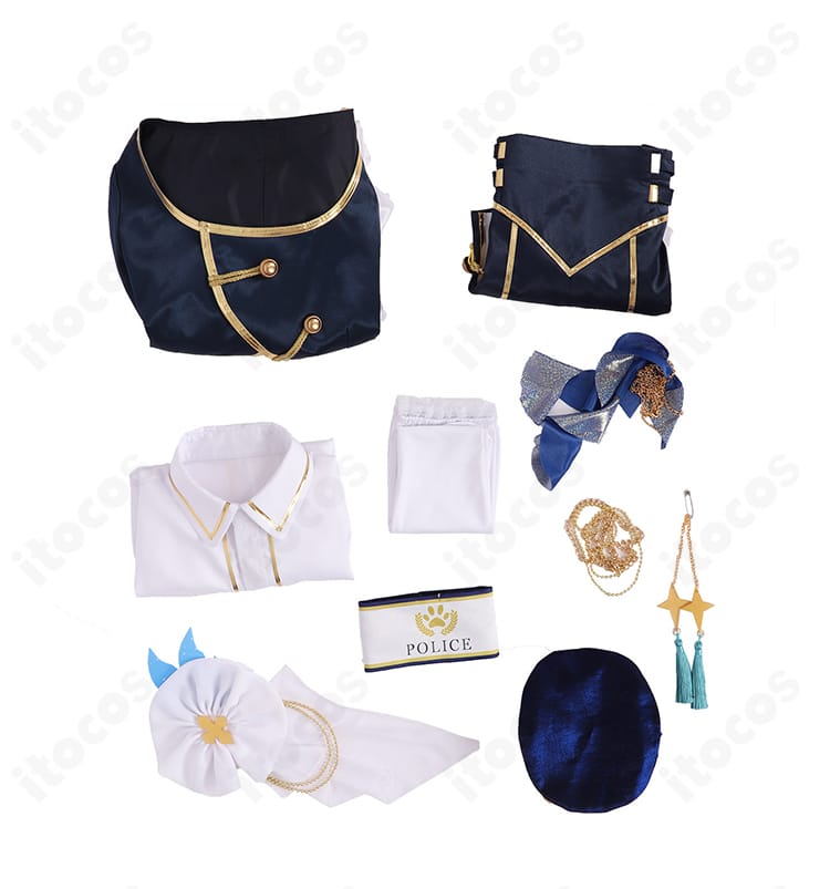 セット内容の平置き一式。コート、シャツ、ショートパンツ、腕章、胸飾り、帽子、靴下、腰飾り、太もも飾り